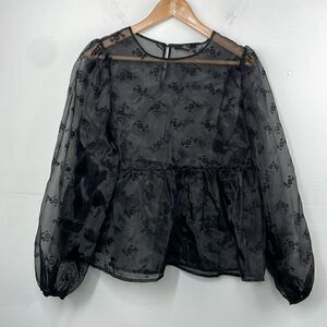 Forever 21 Semi Sheer Cropped Puffy Long Sleeves Top Floral size Large